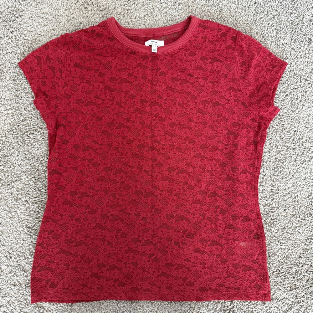 Aerie Womens Red Floral Lace Short Sleeve Sheer Crewneck Top Small Petite